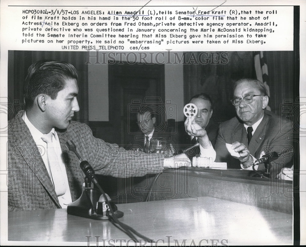 1957 Press Photo Allen Amadril & Senator Fred Kraft in Los Angeles - Historic Images
