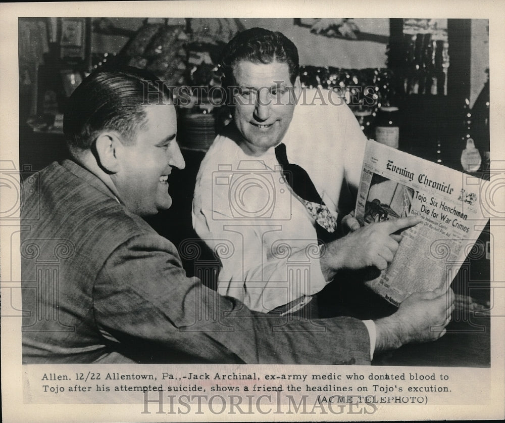 1948 Press Photo Ex Army Medic Jack Archinal Reading Paper After Donating Blood - Historic Images