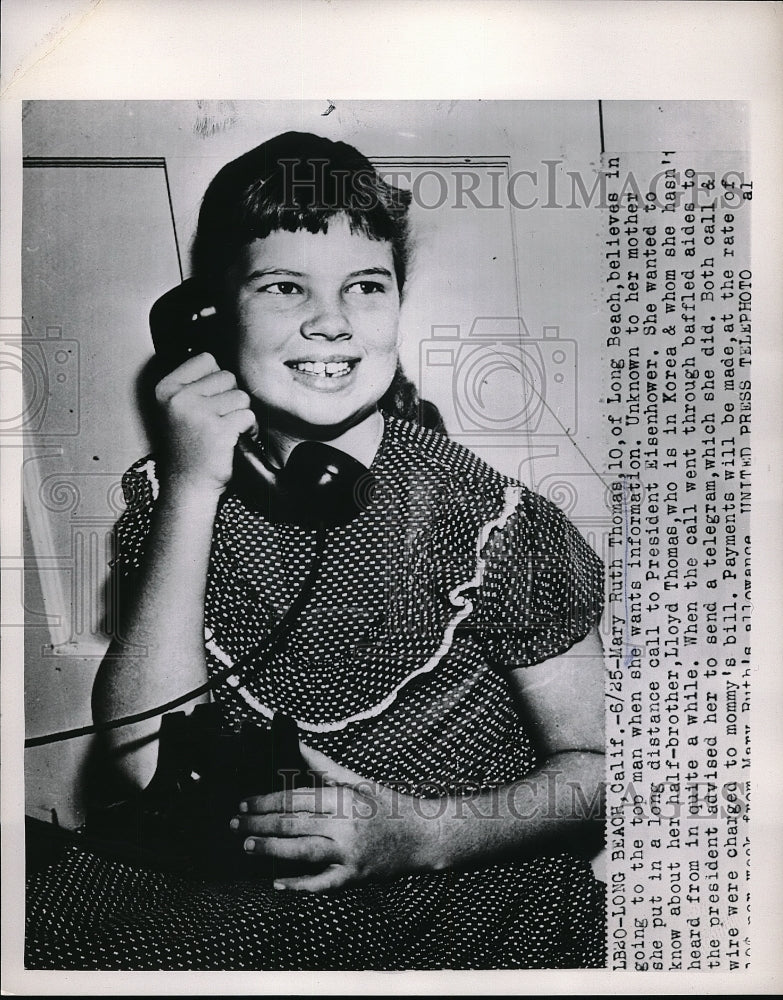 1953 Press Photo Mary Ruth Thomas at Age !0 Calls President Eisenhower - Historic Images