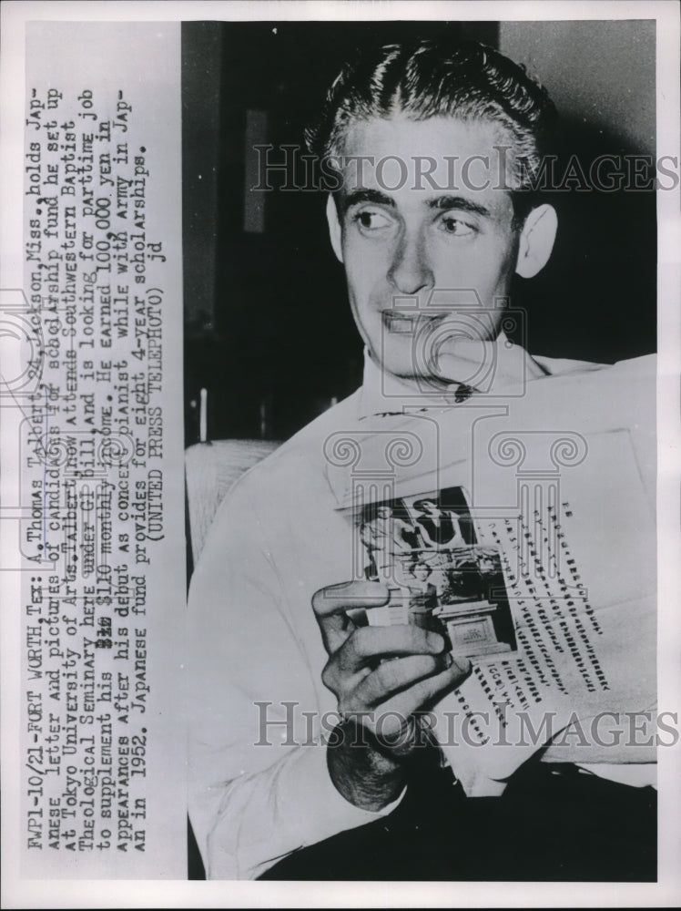 1953 Press Photo Ft Worth, Tx A Thomas Talbert ,scholarship to Toyko Univ.-Historic Images