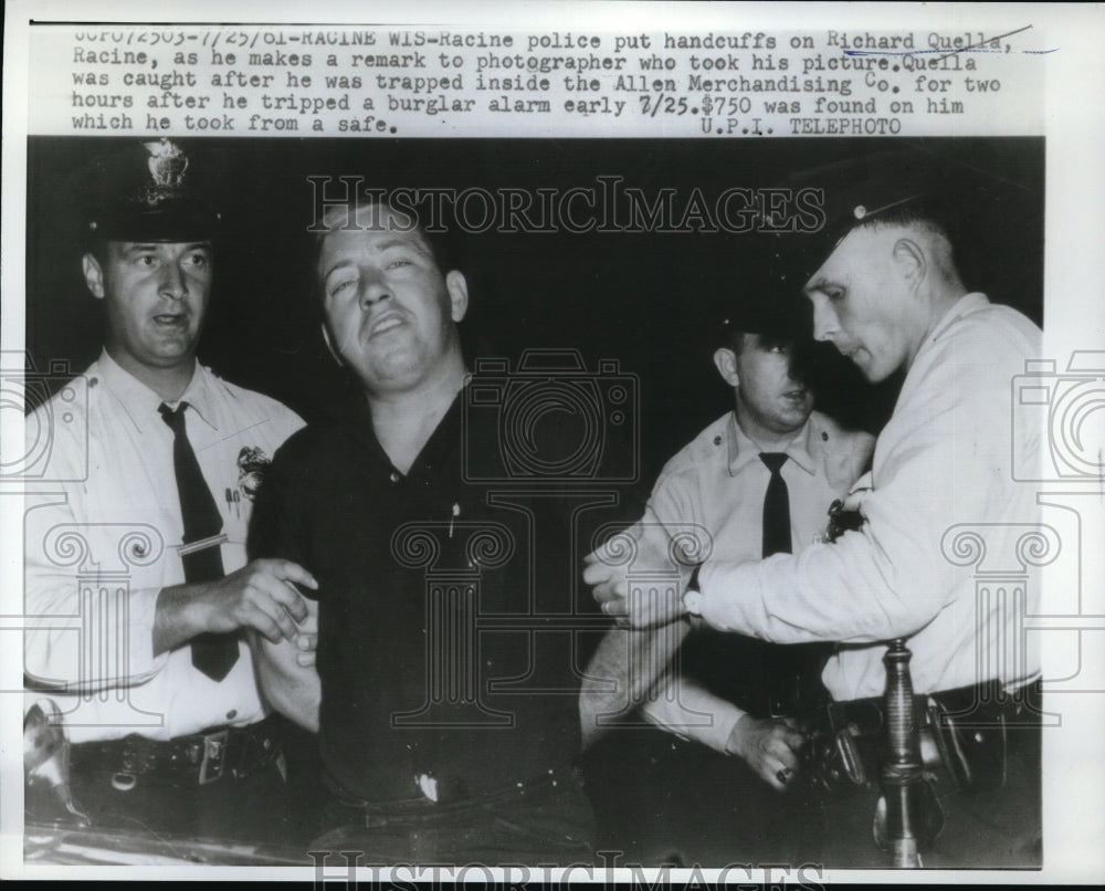 1961 Press Photo Racine, Wis police arrest Richard Quella for bugulary-Historic Images