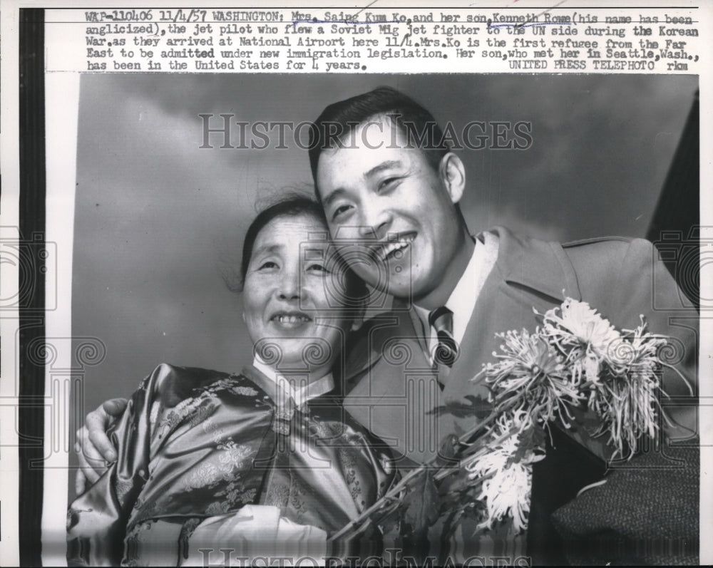 1957 Mrs. Saing Kum Ko and her son Kenneth Rowe pilot - Historic Images