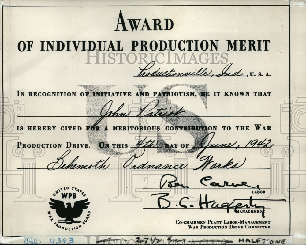 1942 Copy of the Award Certificate for Individual Production Merit - Historic Images