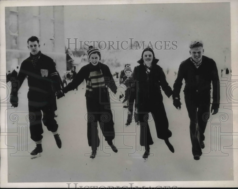 1936 Four Sudents At WSC Skating On Flooded Iced Baseball Diamond - Historic Images