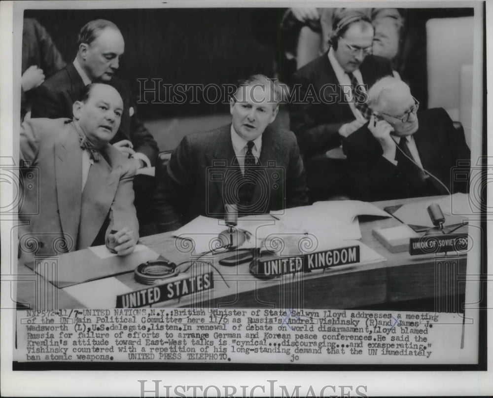 1956 Press Photo UN in NYC, Selwyn Lloy of Britain, USSr Vishinsky,US Wadsworth - Historic Images