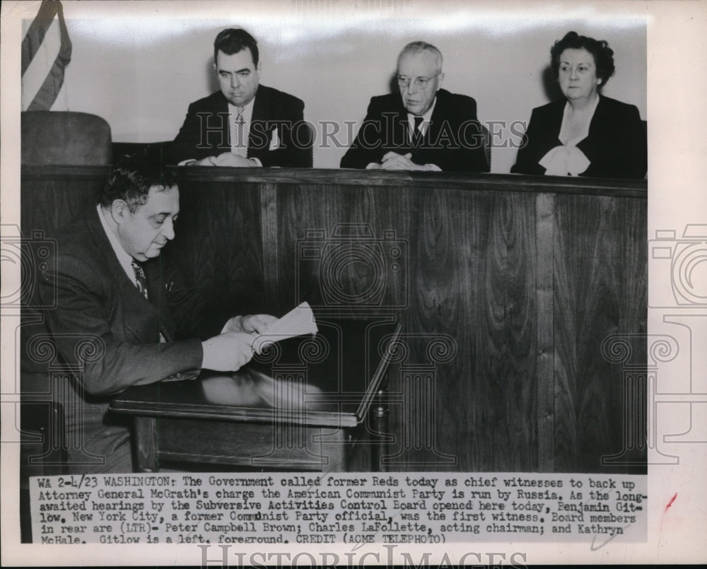 1951 Press Photo Govt. Hearing, B. Gitlow, P. Brown, C. LaFollette, K. McHale-Historic Images