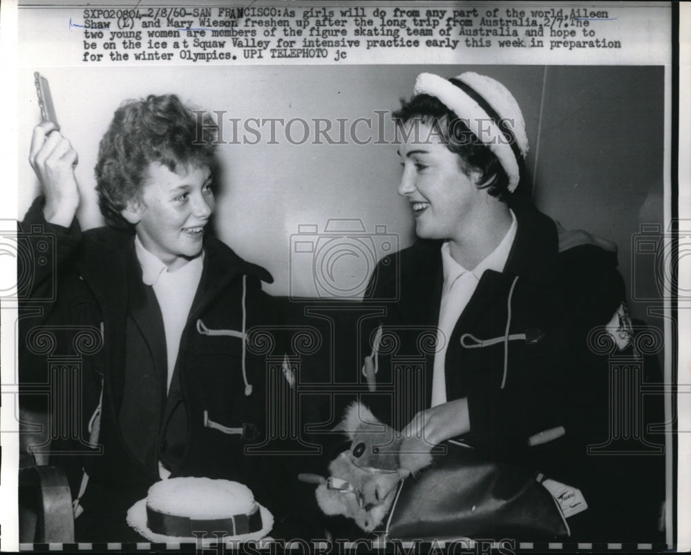 1960 Press Photo Aileen Shaw &amp; Mary Wieson After Long Trip from Australia Skater - Historic Images