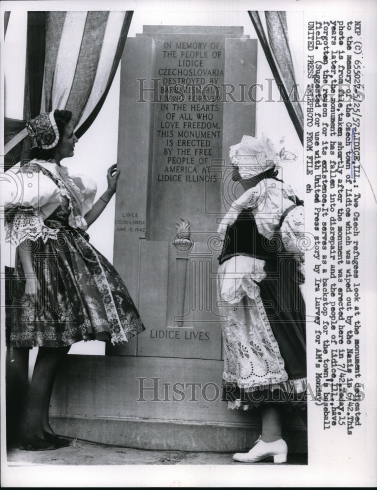 1957 Lidice, Ill. Czech refugees at monument to their former town-Historic Images