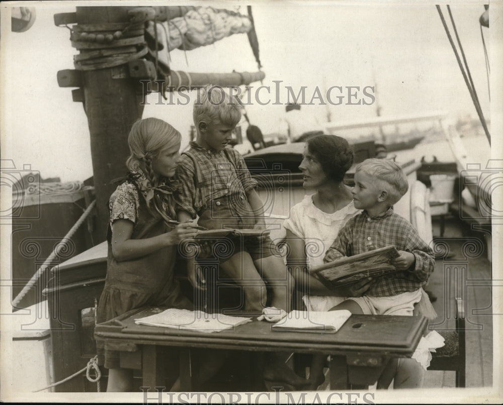 1930 Mrs. Knud Anderson Teaching Lisa, Jan &amp; Pure On Board a Ship - Historic Images