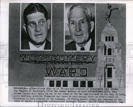 1955 Press Photo Louis Wolfson & Sewell Avery of Montgomery Ward, Bronze Figure - Historic Images