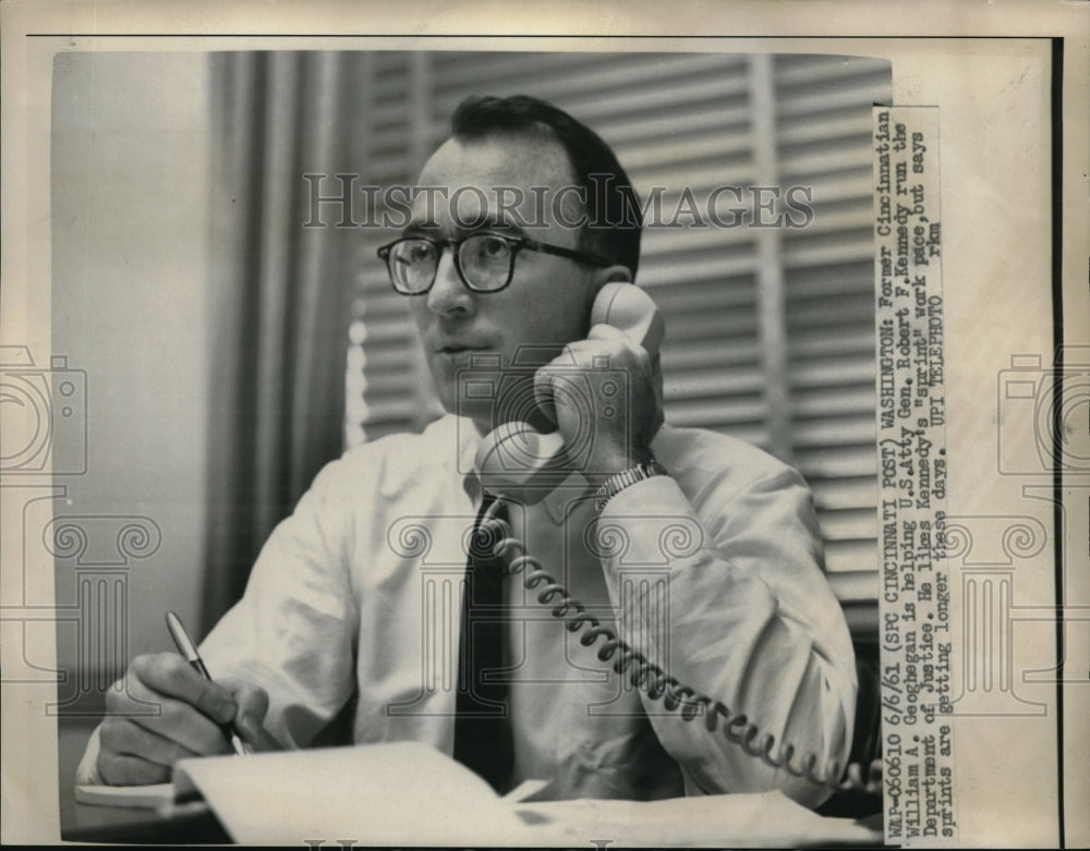 1961 Press Photo William A. Goegehan US Attyy Gen. Robert F. Kennedy Dept. of-Historic Images