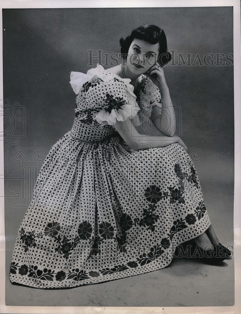 1950 Model Wears Country Style Dress with Fitted Bodice &amp; Full Skirt-Historic Images