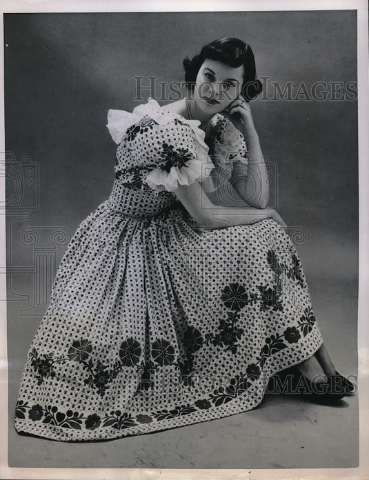 1950 Model Wears Country Style Dress with Fitted Bodice & Full Skirt-Historic Images
