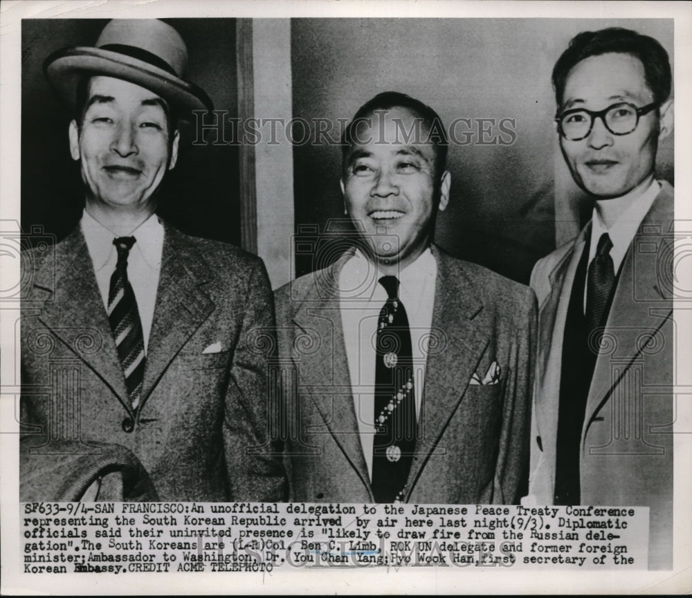 1951 Press Photo So. Koreans Delegates, Col. Sen. C. Limb, Dr. You Chan Yang - Historic Images