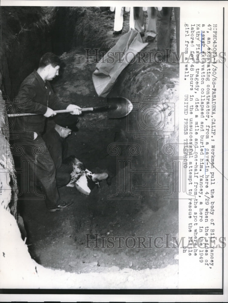 1958 Pasadena, Calif., rescuers at sewer line cave in  - Historic Images