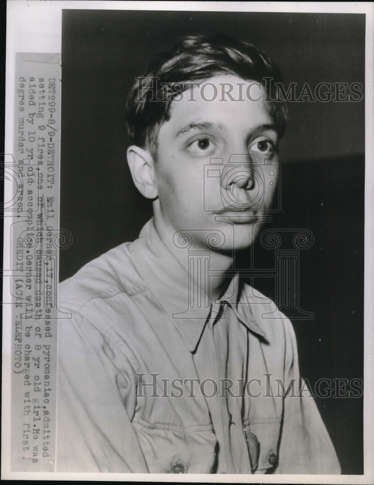 1947 Press Photo Emil Gerner, 17, confessed pyromaniac, admitted setting fires - Historic Images