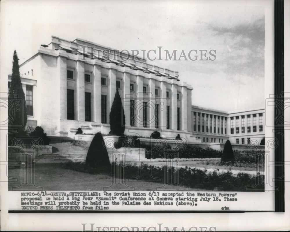 1955 Press Photo Palaise des Nations in Genevea, Switzerland - Historic Images