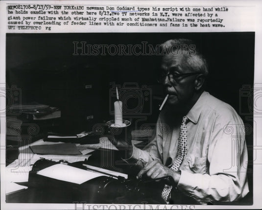 1959 Don Goddard holds a candle while working on his script for ABC - Historic Images