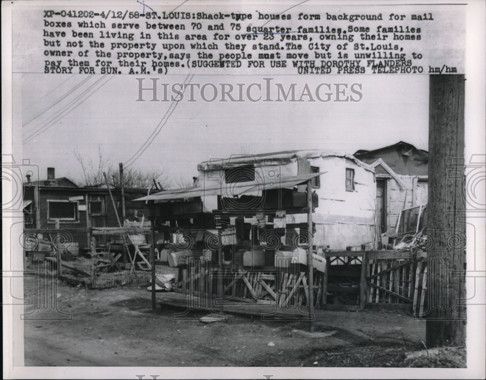 1958 mailboxes for shacks in St. Louis, people own huts but not land - Historic Images