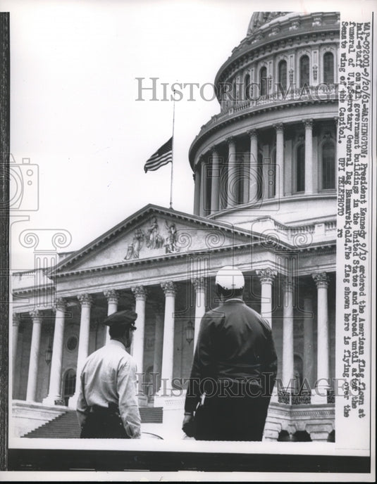 1961 US flag at half mast for UN Dag Hammarsjkold - Historic Images