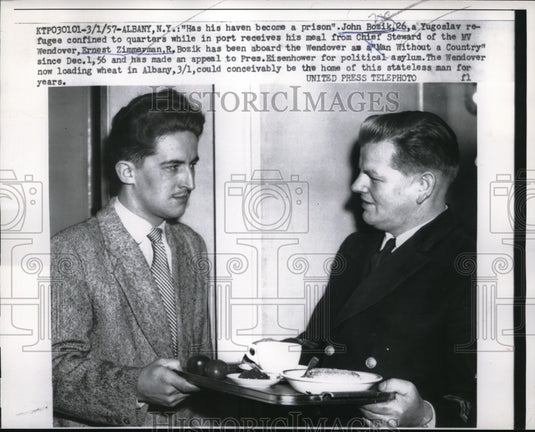 1957 Press Photo Albany, NY John Bozik, Yugoslav refugee & steward on ship - Historic Images