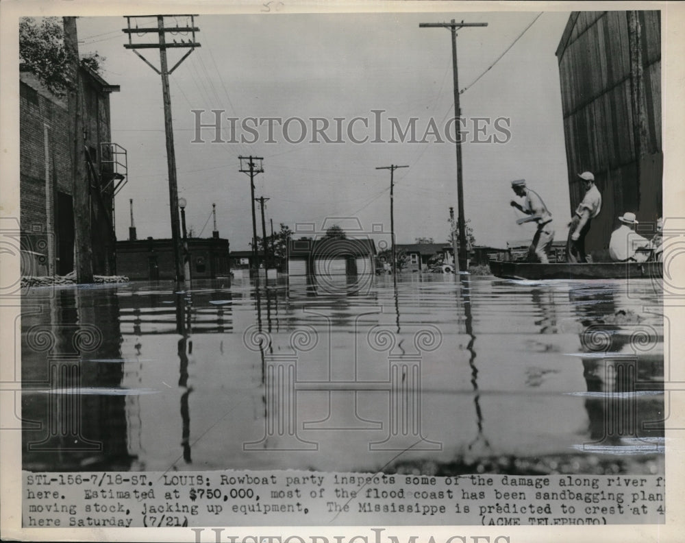 1951 Press Photo Rowboat party on St Louis,Mo floodwaters of Mississippi River - Historic Images