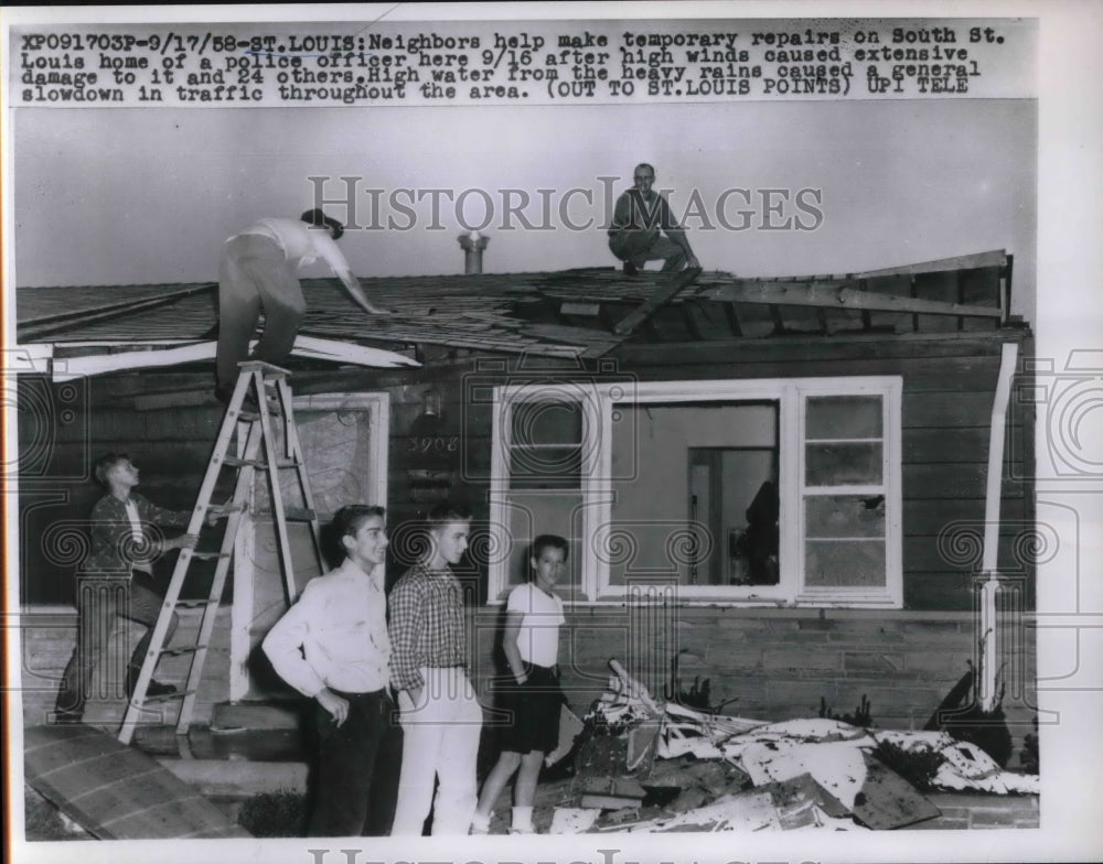 1958 Neighbors Make Temporary Repairs After Winds in St. Louis - Historic Images