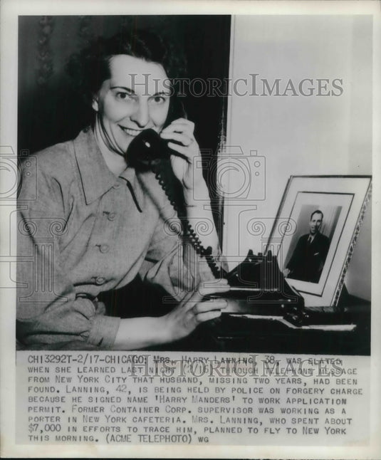 1949 Press Photo Mrs. Harry Lanning Was Elated When She Got A Message From Phone - Historic Images