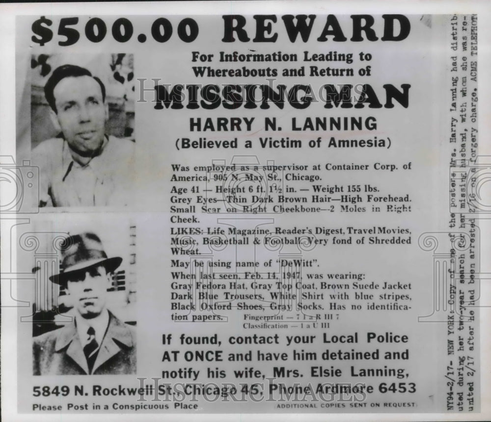 1949 Copy of wanted posters for missing man Harry Lanning in NY - Historic Images