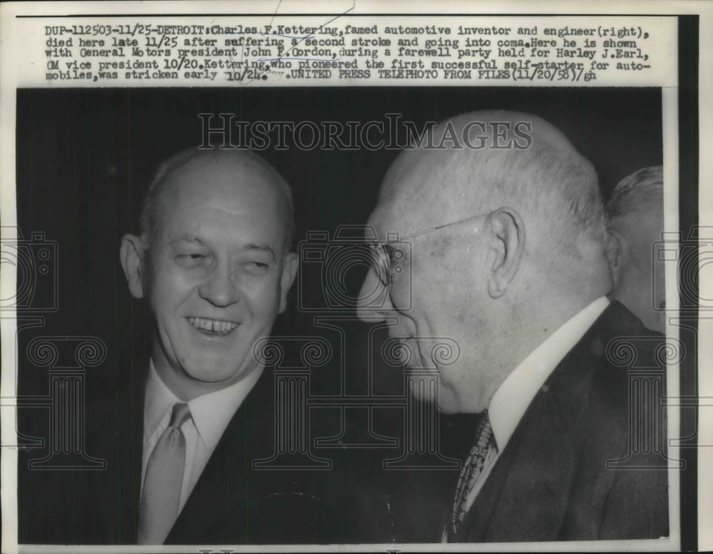 1958 Press Photo Charles F. Kettering with General Motors Pres. John F. Gordon-Historic Images