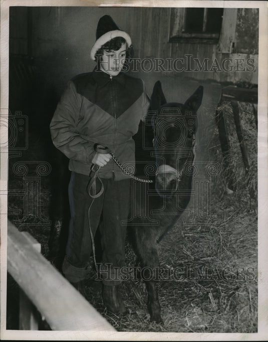 1950 Sally Reddig, age 11 & her pony in a barn - Historic Images