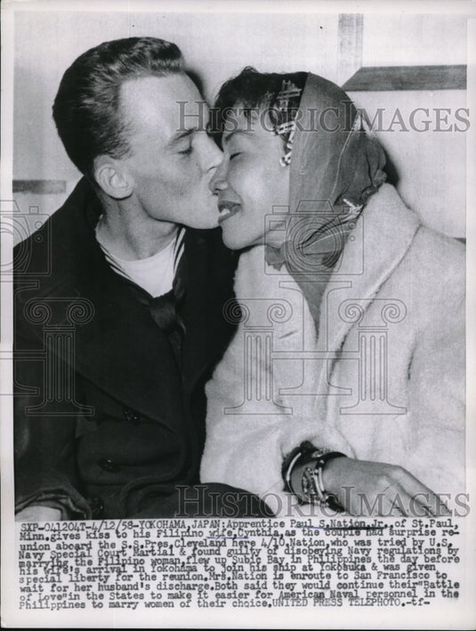 1958 Paul S. Nation Jr. Kisses Filipino Wife Cynthia  - Historic Images