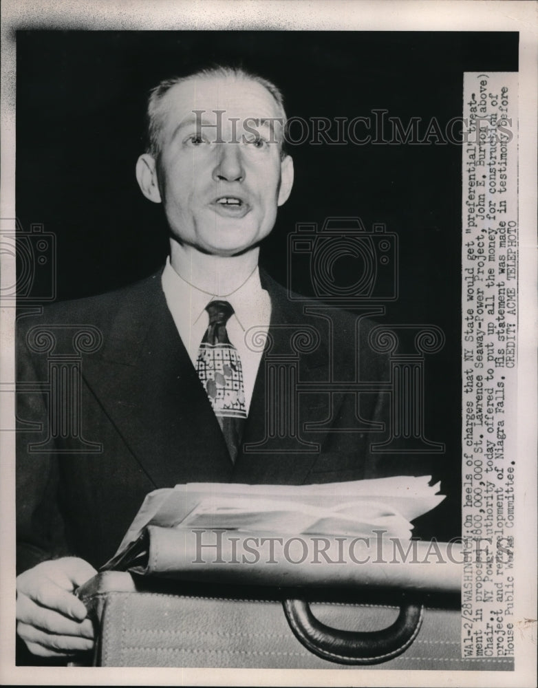 1951 Press Photo NY Power Authority Chairman John Burton Offers To Fully Pay-Historic Images