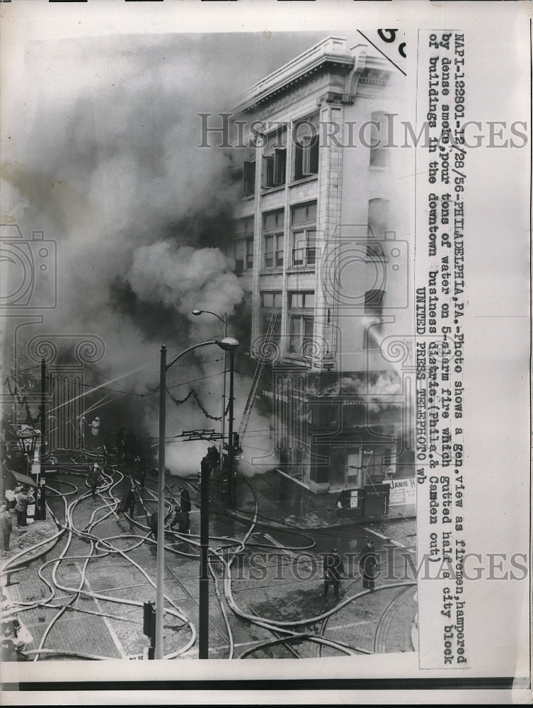 1956 Press Photo Firemen Philadelphia Pa 5 alarm fire - neb55521 - Historic Images