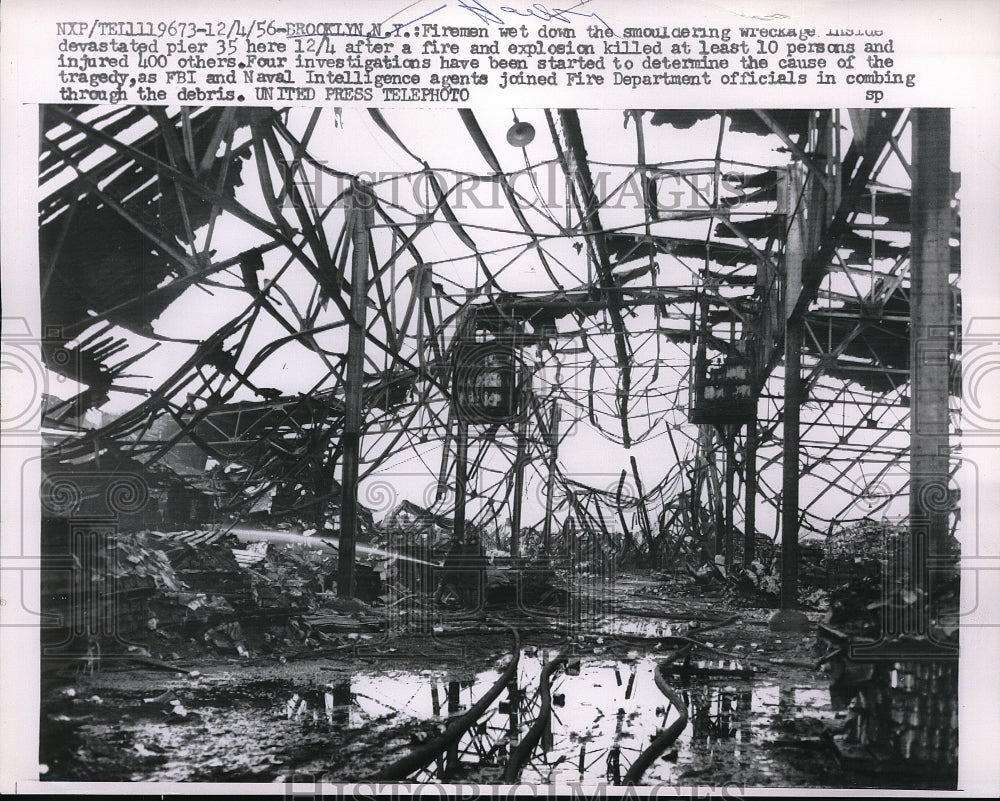 1956 Firemen Wet Down Smouldering Wreckage Of Brooklyn Pier-Historic Images