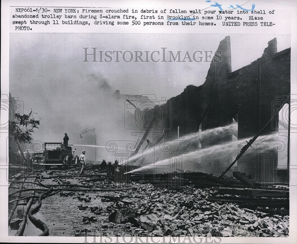 1952 Brooklyn, Ny firemen pour water to a blaze-Historic Images