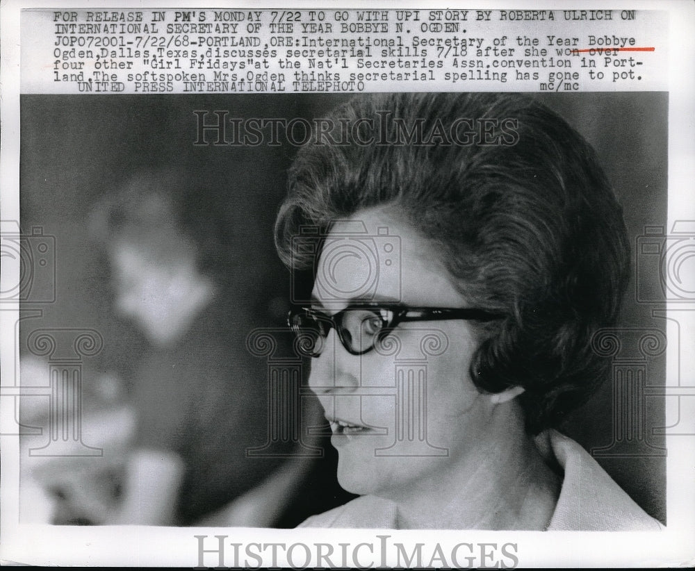 1968 Press Photo Portland,Ore. Intl Sec of the Year Bobbye Ogsen - Historic Images