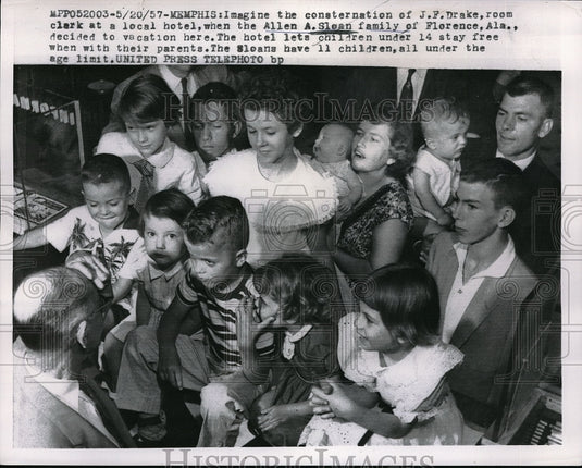 1957 Memphis, TN Allen A Sloan family with 11 children at hotrel - Historic Images