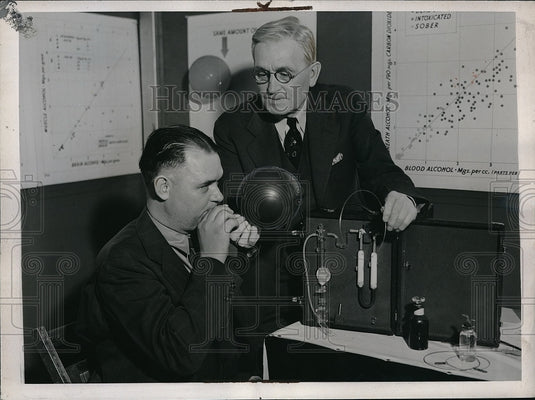 1937 JH O'Brien & Dewey Ellis demonstrate a drunk o meter in Kansas - Historic Images