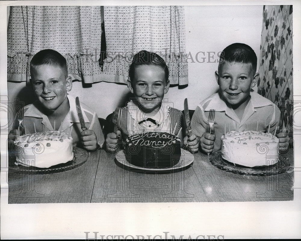 1957 Anaheim, Cal. Tim, Nancy, Hohn Neunner &amp; birthday cakes - Historic Images