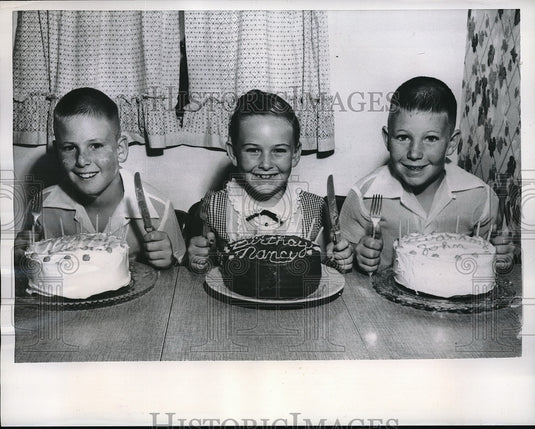 1957 Anaheim, Cal. Tim, Nancy, Hohn Neunner & birthday cakes - Historic Images