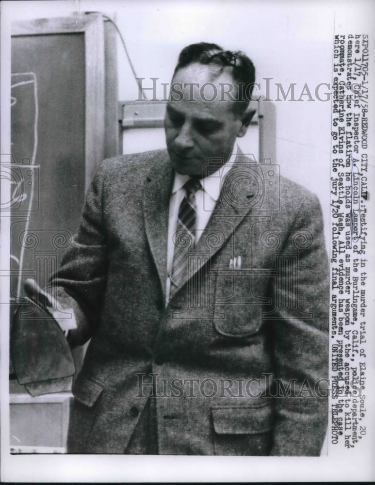 1958 Press Photo Chief Inspector A. Lincoln Lamport Testifies Murder Trial - Historic Images