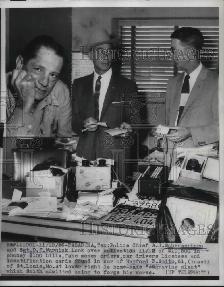 1956 Press Photo Texas Police look over fake engraving plant of Rayford P.Smith.-Historic Images