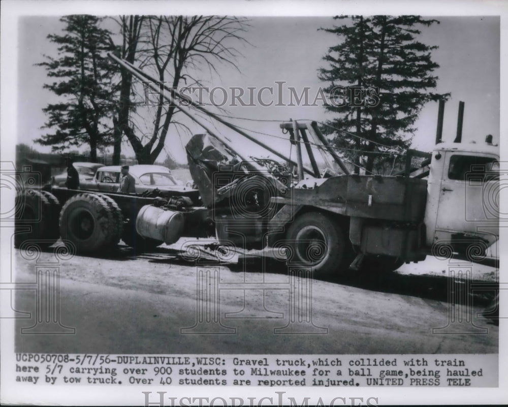 1956 Press Photo Wreckage of Gravel Truck Collided with Train in Duplainville - Historic Images