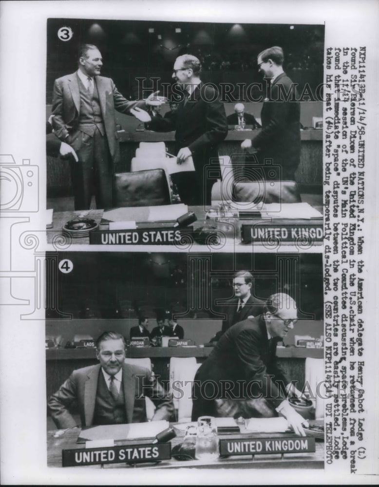 1958 Press Photo Henry Cabot Lodge Finds Sir Pierson Dixon In U.S. Chair at U.N. - Historic Images