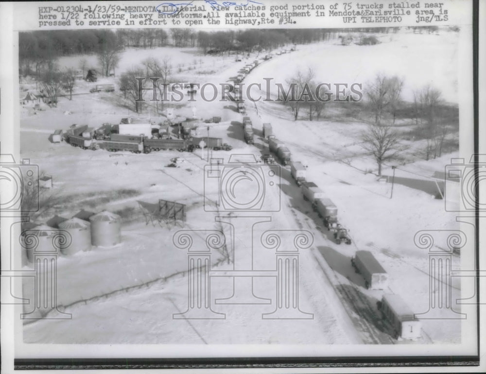 1959 Trucks stalled near Mendota, Illinois following snowstorm-Historic Images