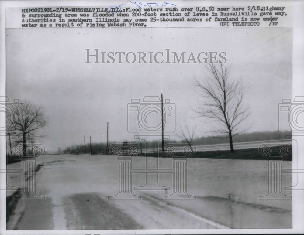 1959 Flood waters over U.S. 50 near Russellville, Illinois - Historic Images