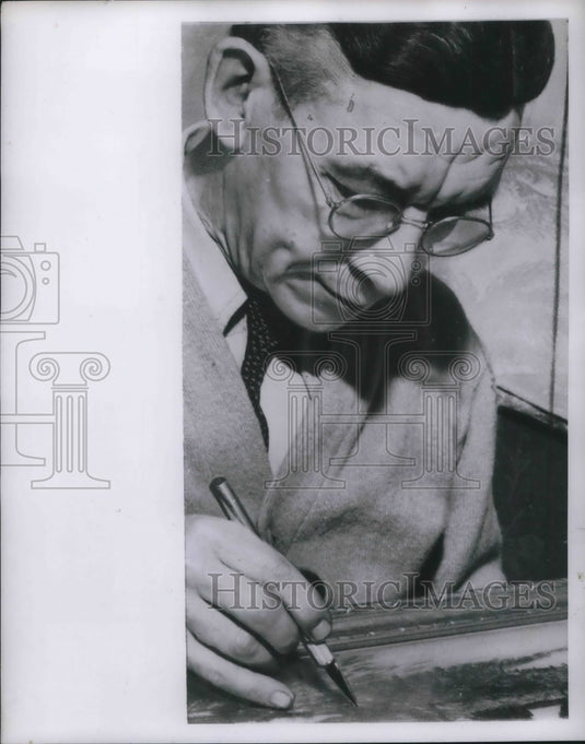 1950 Press Photo John Woerlee a famous Canadian Painter during his painting - Historic Images