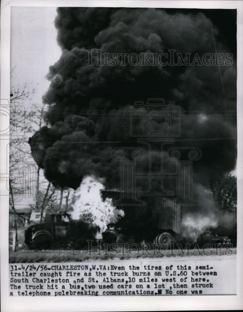 1956 Charleston, W.Va. semi trailer on fire after hitting a bus - Historic Images