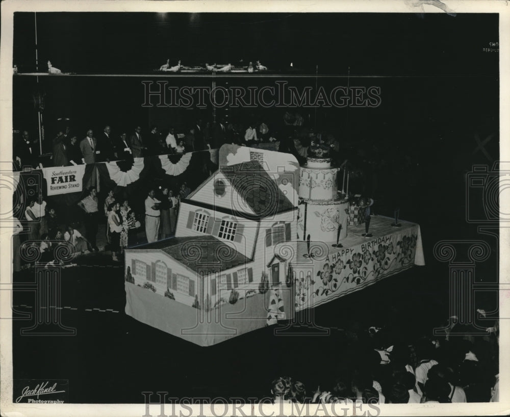 1957 Birthday float for a parade in Newark, N.J. - Historic Images